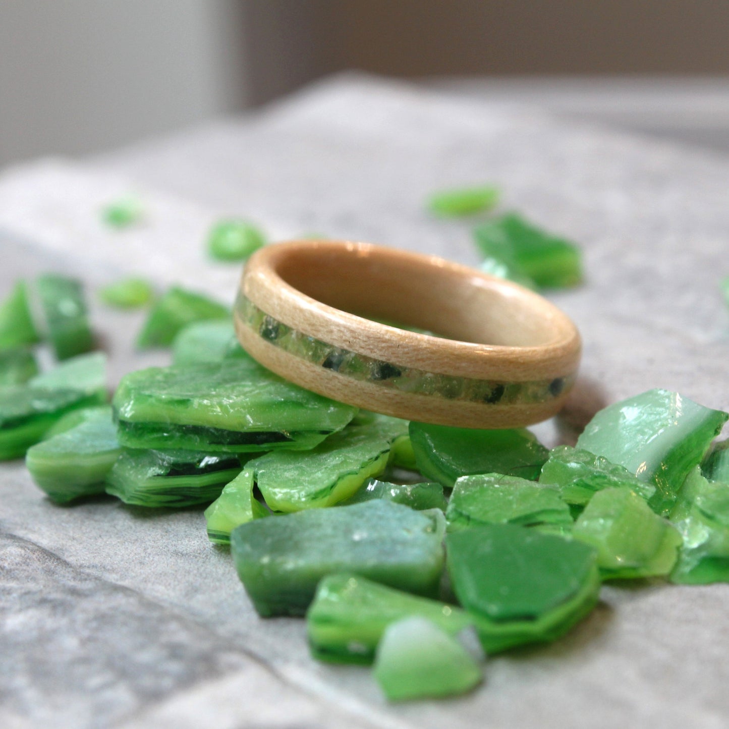 Wooden ring with stained glass inlay