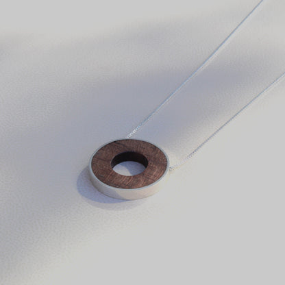 walnut wood circular pendant with silver chain