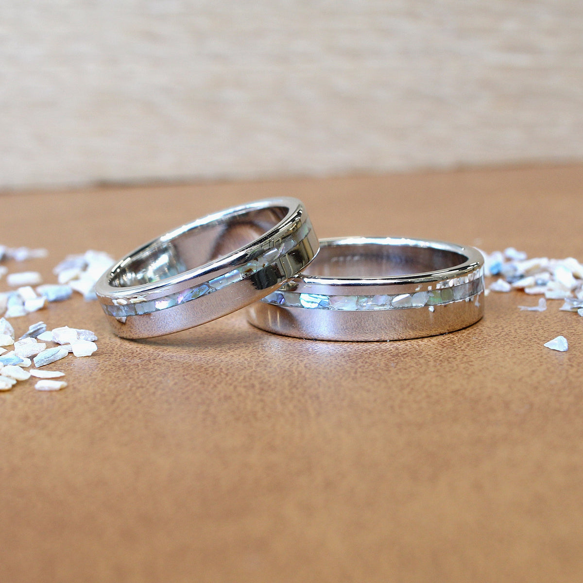 White Gold rings with abalone shell inlay
