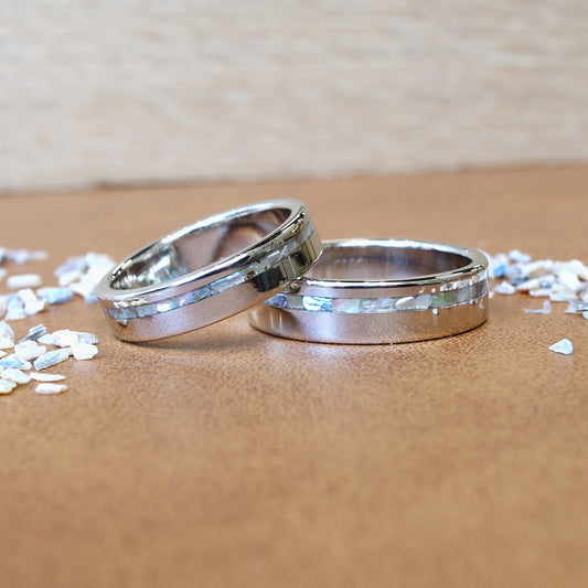 White Gold rings with abalone shell inlay
