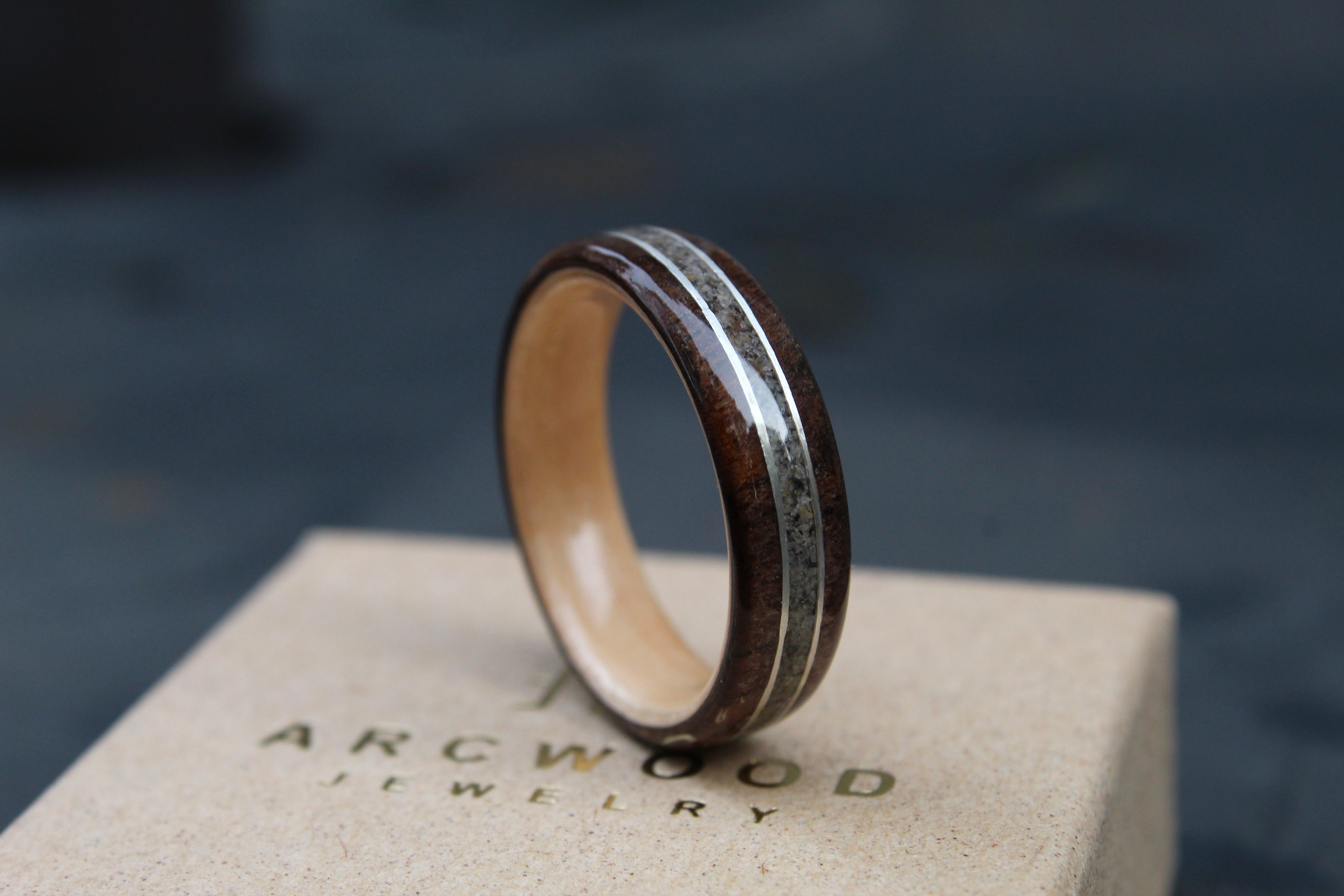 Custom wooden wedding ring with sand 