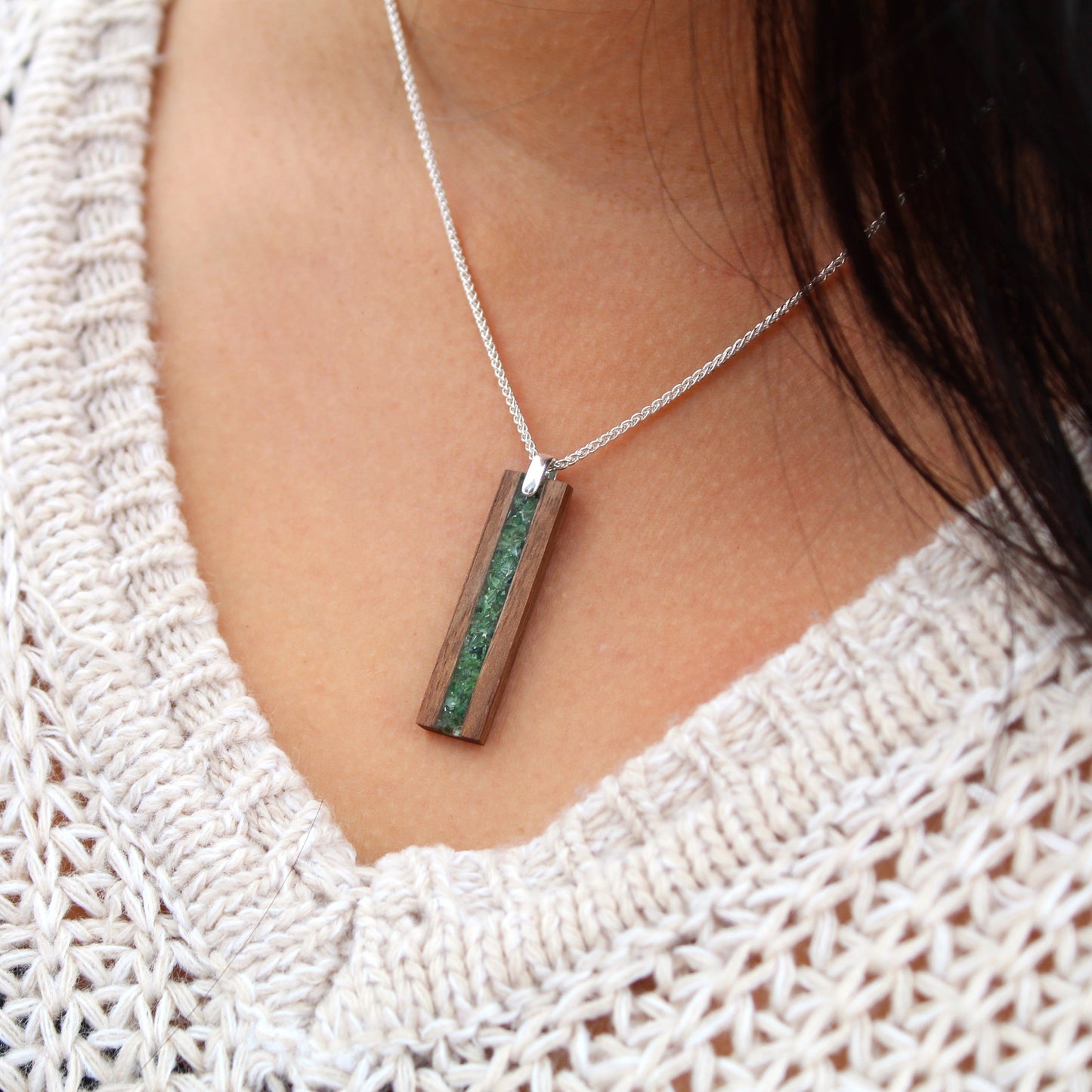 Walnut & Green Glass Pendant