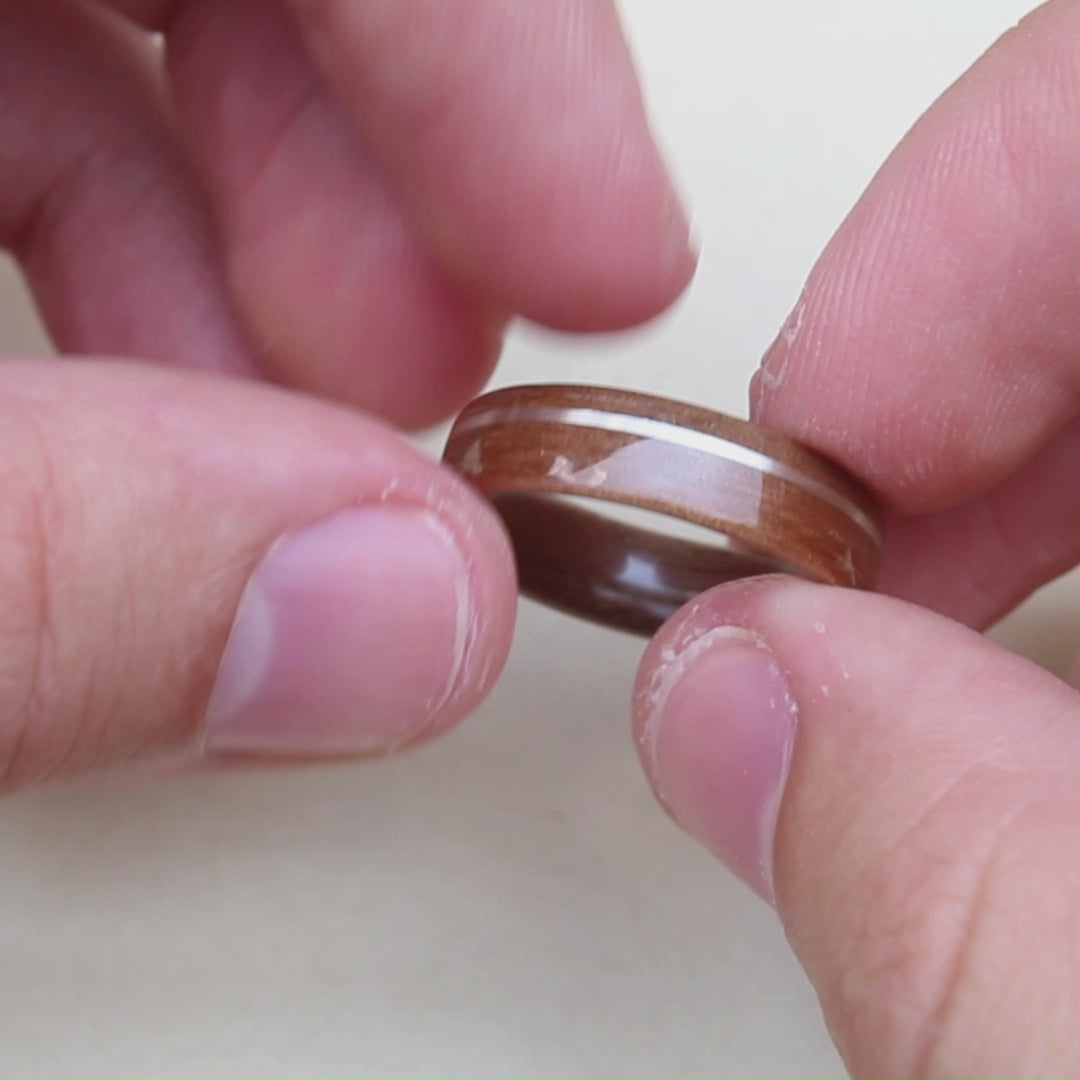 Walnut wood ring silver offset inlay
